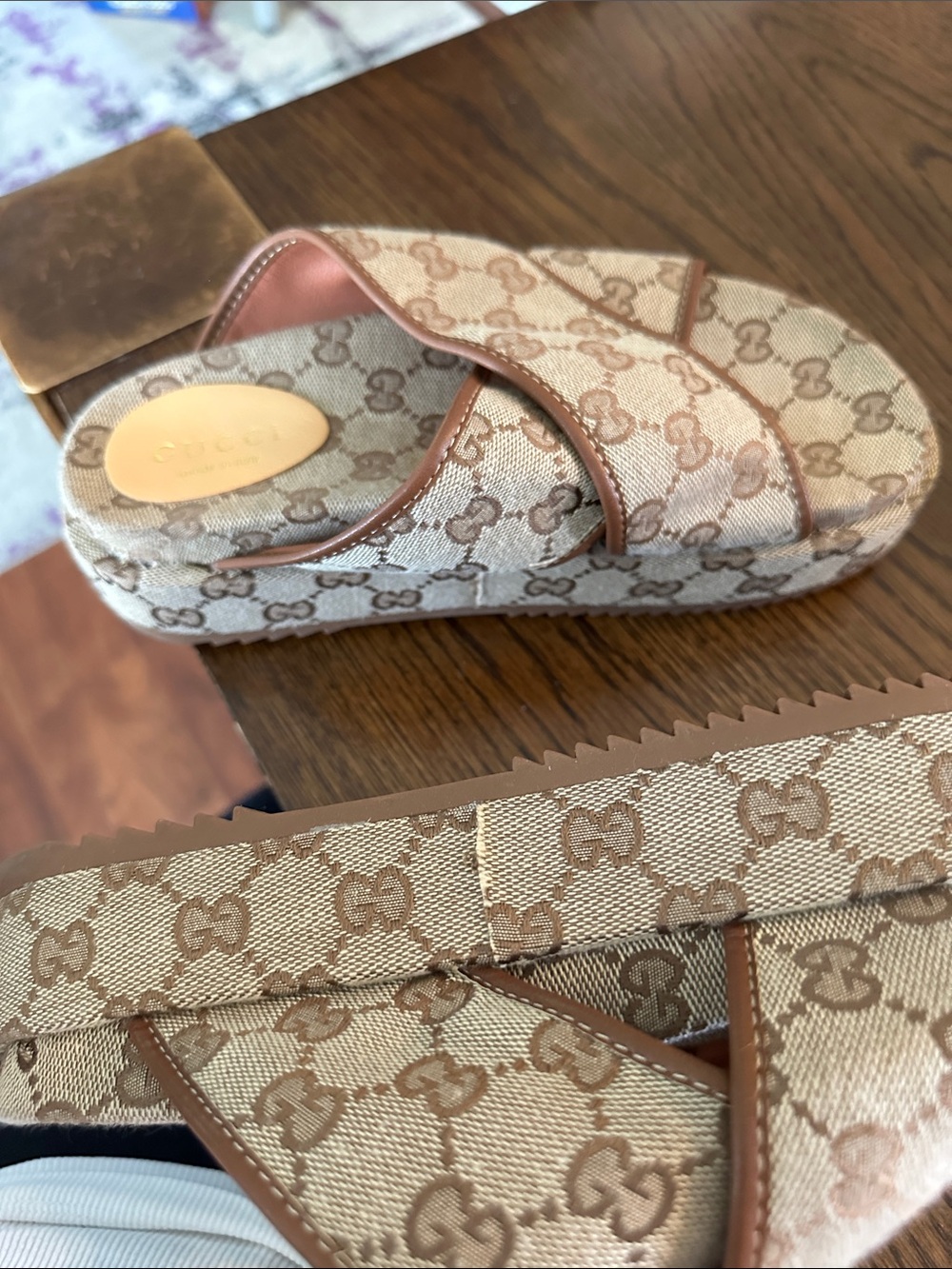 Gucci Beige Brown GG Canvas Crisscross Slide Sandals - Picture 6 of 6